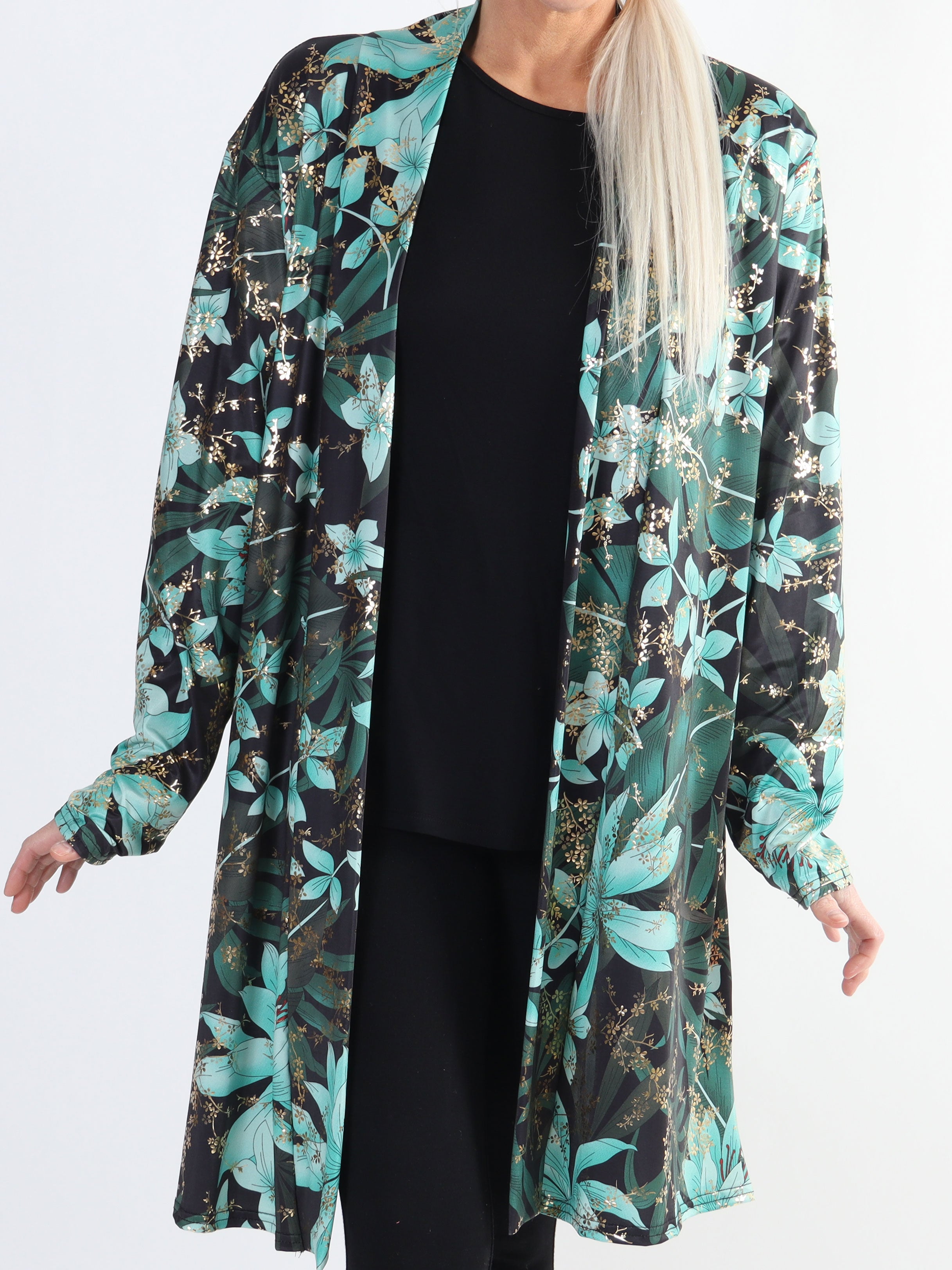 Rosa Gold Flower - Elastisk plus size cardigan med print